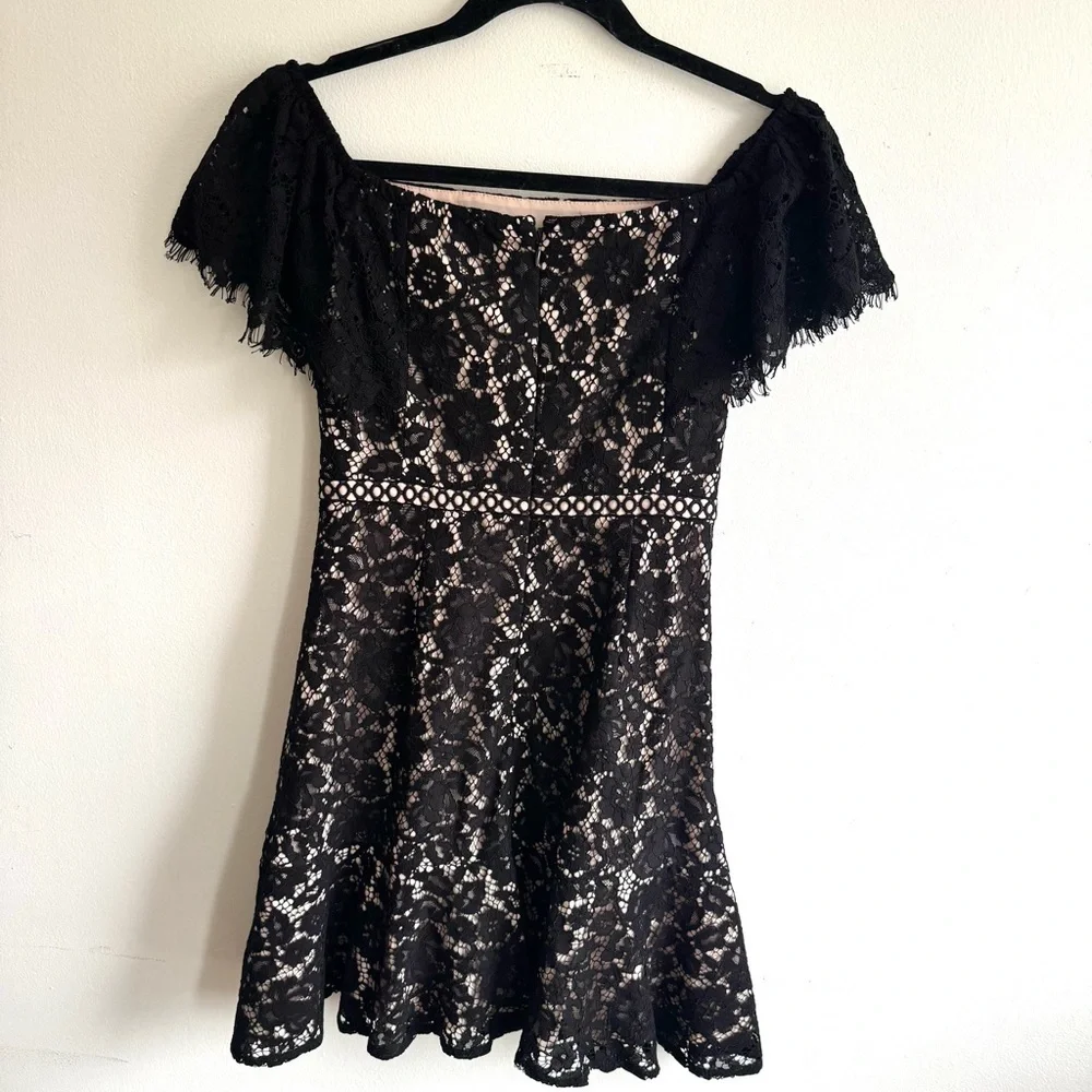 J.Crew Black Lace Fit & Flare Cocktail Dress Flutter Sleeve Size 00
